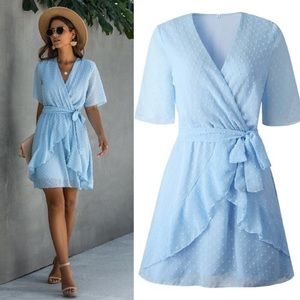 Mini Dress Women size XL Baby Blue Swiss Dotted Surplus Short Sleeve Skirt